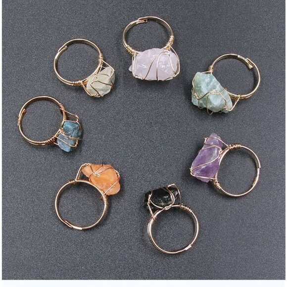 3/$35 Gold Plated Wire Wrapped Black Tourmaline Natural Stone Open Ring - Picture 5 of 6